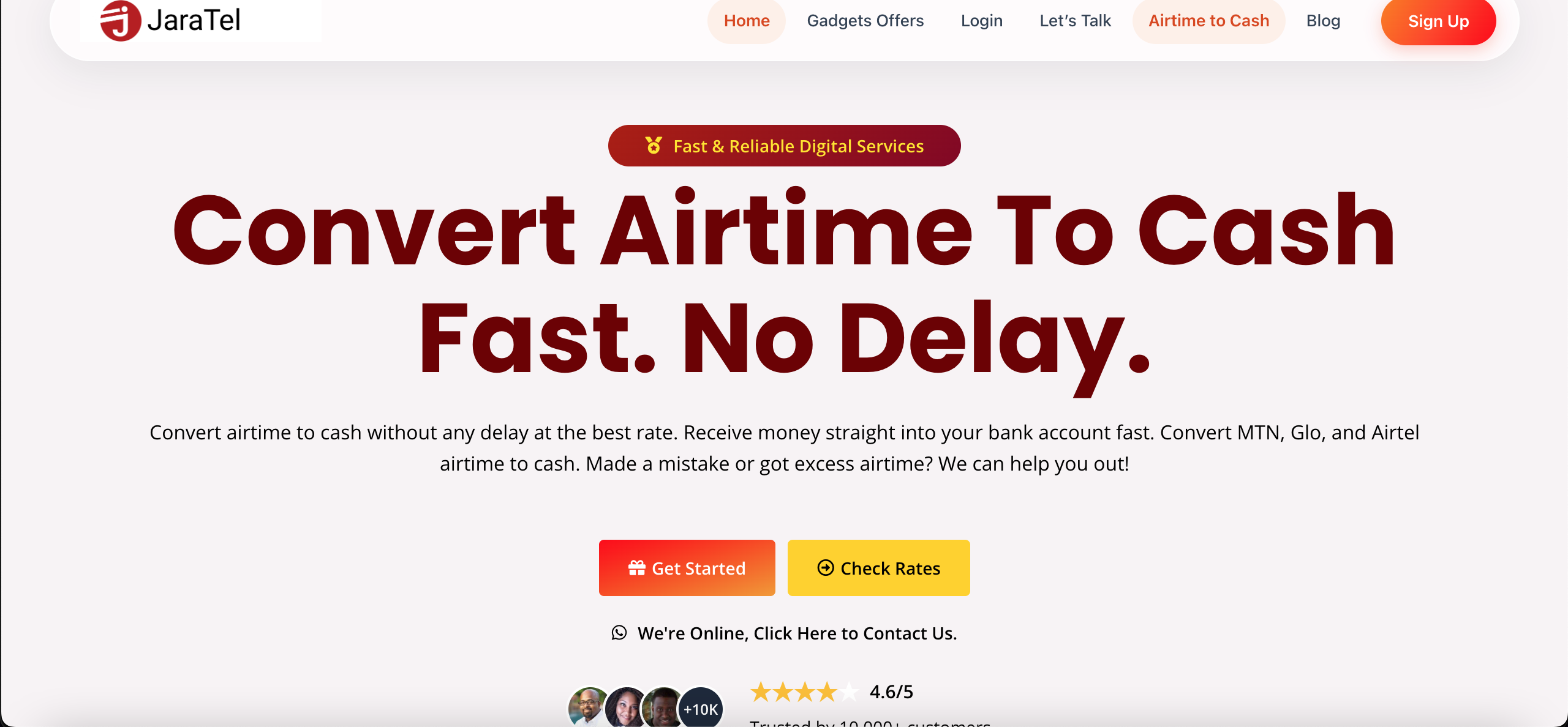 Jaratel airtime-to-cash service on a mobile device